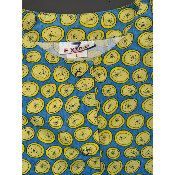 Expo Women's Scrub Jacket Large Lemon Print Snap Front Long Sleeve Blue Yellow - Picture 2 of 6